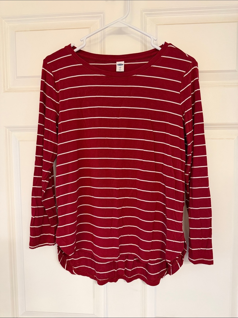 Old Navy Burgundy and White Striped Long-Sleeve Crewneck Top